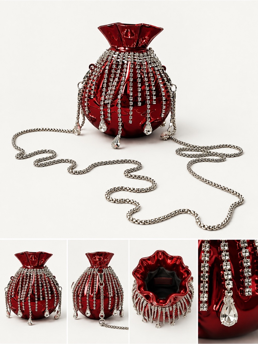 Red Jeweled Drawstring Mini Bag with Silver Chain